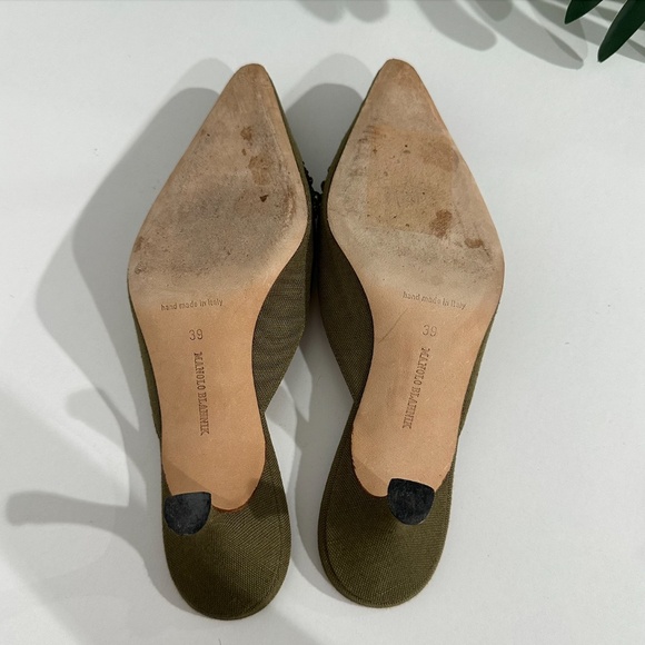 Manolo Blahnik Olive Green Canvas Embellished Point Toe Kitten mules size 39 - Picture 5 of 6